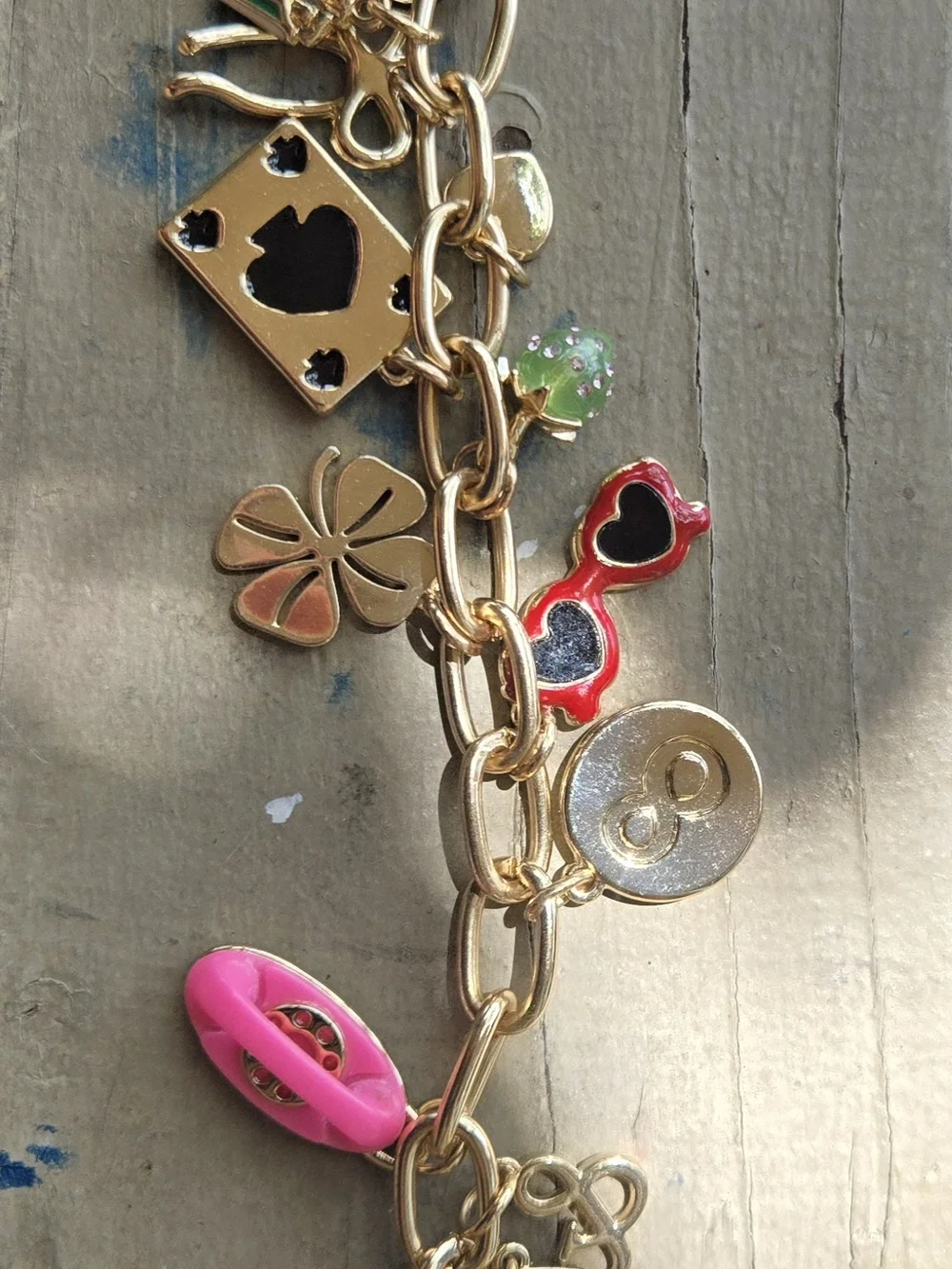 Gold Charm Bracelet with Pink & Green Accents - Women's Fashion Bracelet
